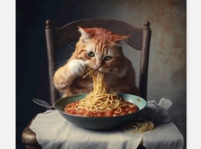 cat eating pasta